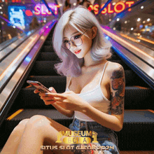 a woman is sitting on an escalator looking at her phone with a slot sign in the background