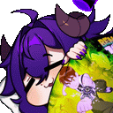 a pixel art drawing of a purple monster laying on a pillow .