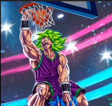 a man with green hair is dunking a basketball in a hoop