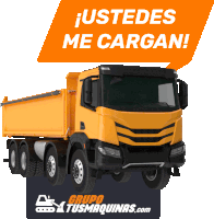 a yellow dump truck with a sign that says grupo tusmaquinas.com