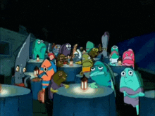 a group of cartoon characters are gathered around a table with a lantern on it