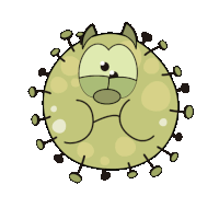 a cartoon drawing of a green bacteria with a sad face