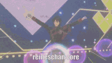 a man is dancing on a stage with the words reineschan core behind him .