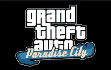 a logo for grand theft auto paradise city is shown on a black background