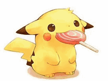 a pikachu is eating a pink lollipop on a stick