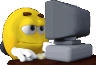 a yellow smiley face is working on a computer