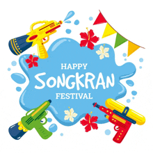 a happy songkran festival greeting card with water guns and flowers