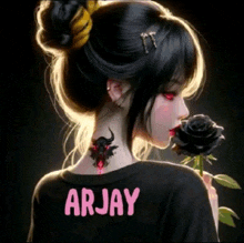 a girl with a tattoo on her neck is holding a black rose and has the name arjay on her back .