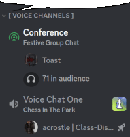 a list of voice channels including conference festive group chat toast voice chat one chess in the park acrostle class-dis