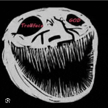 a black and white drawing of a troll face with a big mouth and a god written on it .