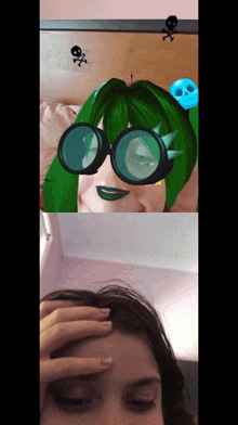 a girl with green hair is wearing a pair of glasses