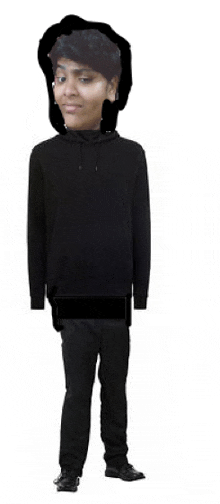 a person wearing a black hoodie and black pants with a face drawn on it