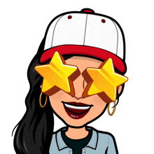 a cartoon of a woman wearing a hat and sunglasses with stars in her eyes