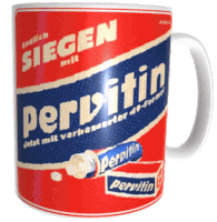 a red and white mug with pervitin on it