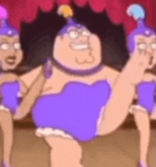 a group of cartoon characters are dancing in purple costumes .