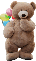 a large teddy bear holding a bunch of balloons in its paws