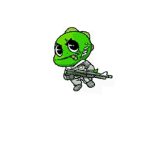 a green cartoon character is holding a gun and wearing a military uniform .