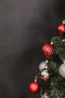 a close up of a christmas tree with red and silver decorations on a black background .