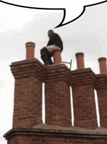 a person sitting on top of a brick chimney with a speech bubble above them