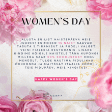 an advertisement for women 's day with pink flowers in the background