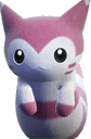 a pink and white stuffed animal with big eyes is standing on a white background .