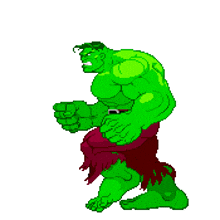 a pixel art of a green hulk walking