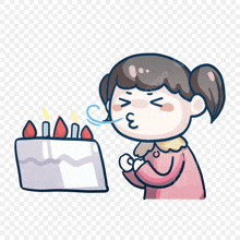 a cartoon of a girl blowing out candles on a cake