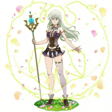 elizabeth from the seven deadly sins is holding a staff and standing in a field of flowers .