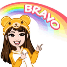 a cartoon girl wearing a teddy bear hat is pointing to the word bravo