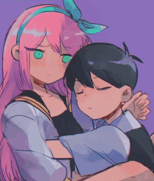 a drawing of a girl with pink hair holding a boy with green eyes