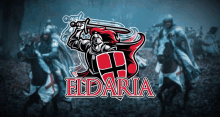 a logo for eldaria shows a knight with a sword in his hand