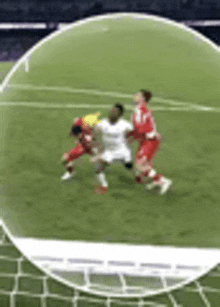 a group of soccer players are playing a game on a soccer field .