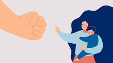 an illustration of a woman holding a child and a fist reaching out towards her