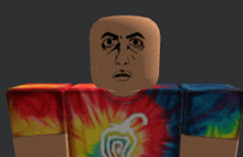 a cartoon character wearing a tie dye shirt has a face drawn on it