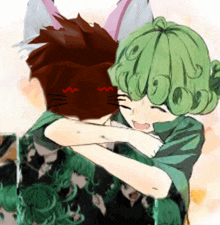 a girl with green hair is hugging a cat