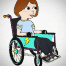 a cartoon girl in a wheelchair with a lightning bolt on the wheel