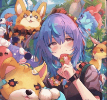 a girl with blue hair is surrounded by stuffed animals including a dog