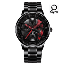 a black watch with a wheel on the face and the word gyro below it