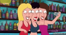 three cartoon characters are posing for a picture in front of a bar