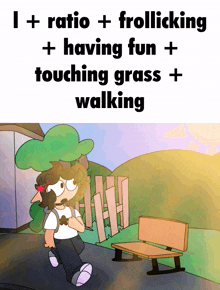 a cartoon of a person with the words i + ratio + frolicking + having fun + touching grass + walking below