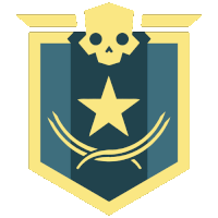 a blue and yellow emblem with a skull and a star