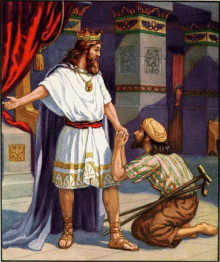 a painting of a man kneeling in front of a king with a crown on his head