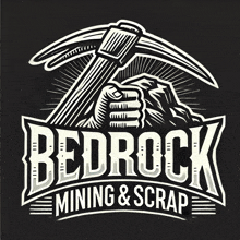 a logo for bedrock mining and scrap with a fist holding a pickaxe