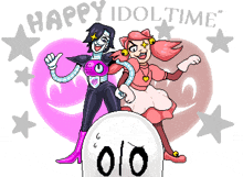 a pixel art drawing of a girl and a robot with the words happy idol time above them