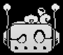 a black and white pixel art drawing of a robot with headphones .