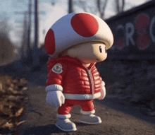 a toy mushroom wearing a red jacket and pants is standing on a sidewalk