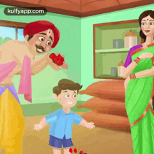 a cartoon of a man and woman talking to a little boy .