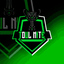 a green and black logo for toul nite with a trophy on top