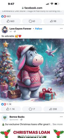 a facebook page shows a picture of eeyore wearing a santa hat