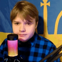 a young boy is sitting in front of a microphone .